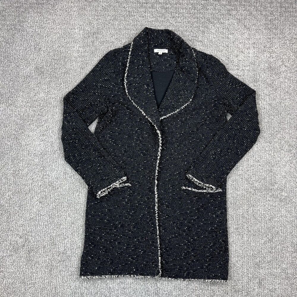 Max Studio Cardigan Sweater Womens Small Black Stripe Knit Open Front Fringe